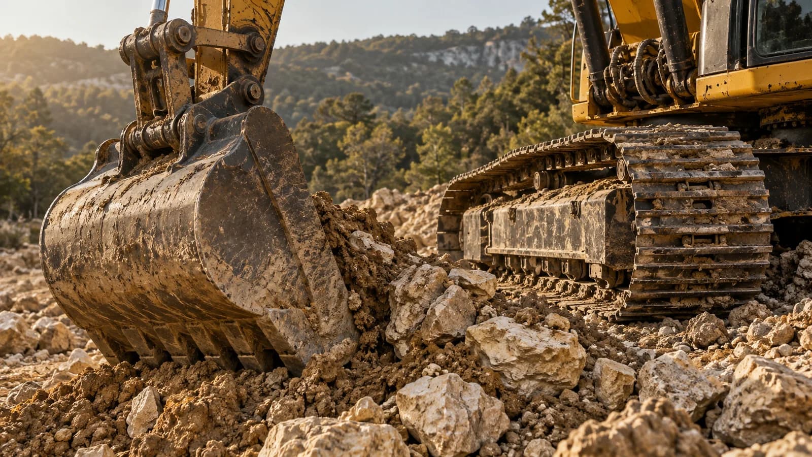 Illustrative detail of earthmoving equipment working limestone soil